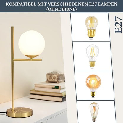 Modern Golden Table Lamp with Frosted White Glass Globe – Single or Double Globe Bedside & Desk Lamp, Polished Brass Finish