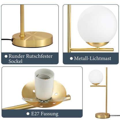 Modern Golden Table Lamp with Frosted White Glass Globe – Single or Double Globe Bedside & Desk Lamp, Polished Brass Finish