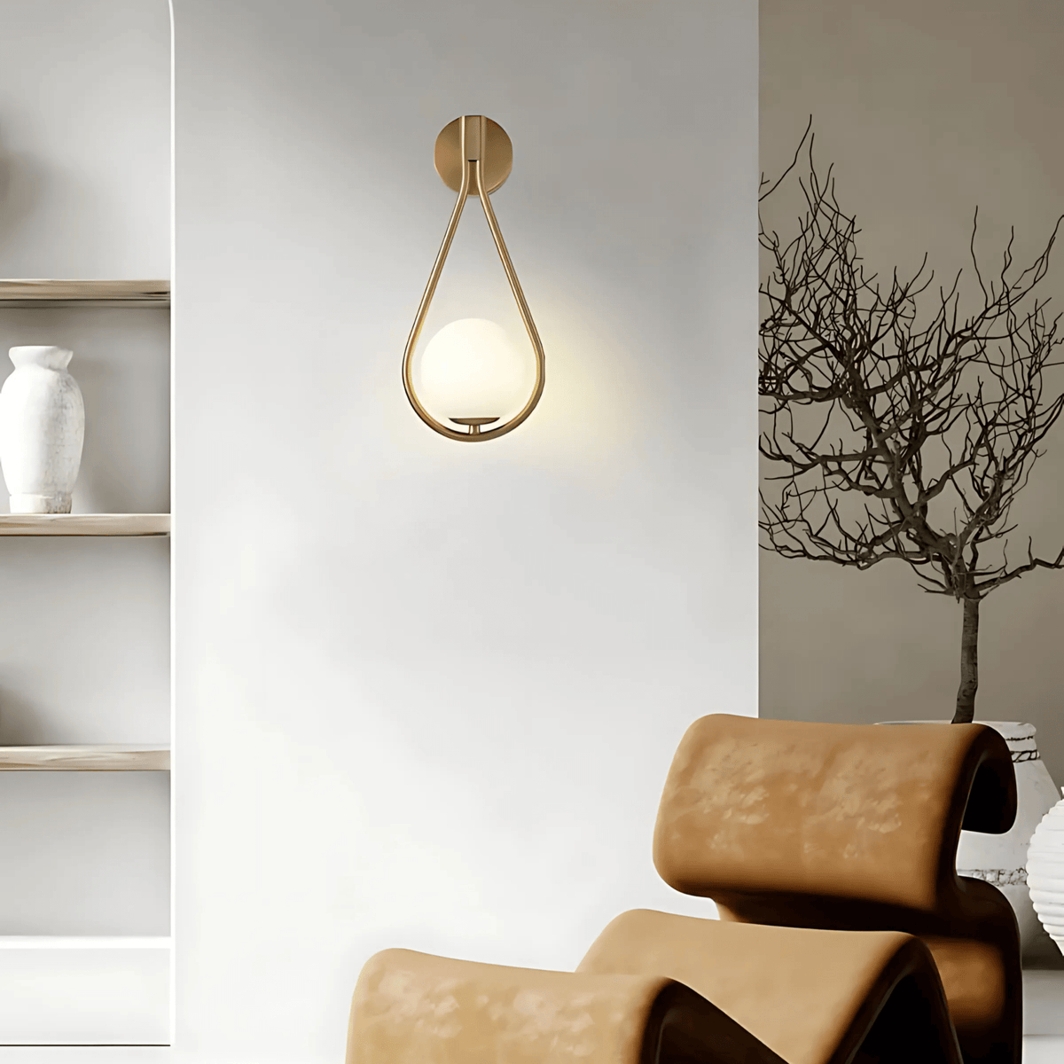 Modern Droplet Teardrop Wall Light – Frosted Glass Globe with Brushed Brass or Black Frame, Contemporary Accent Sconce