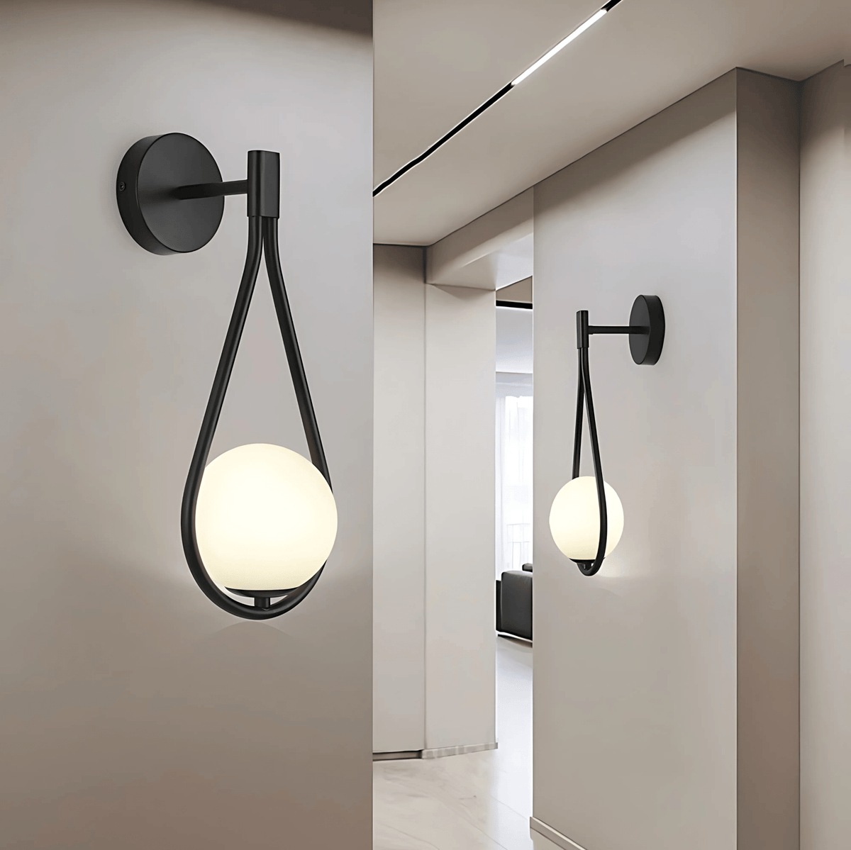 Modern Droplet Teardrop Wall Light – Frosted Glass Globe with Brushed Brass or Black Frame, Contemporary Accent Sconce