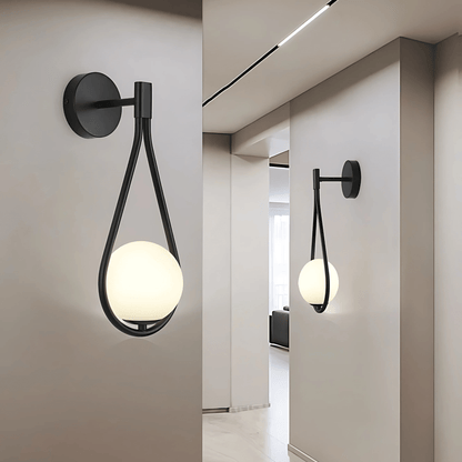 Modern Droplet Teardrop Wall Light – Frosted Glass Globe with Brushed Brass or Black Frame, Contemporary Accent Sconce