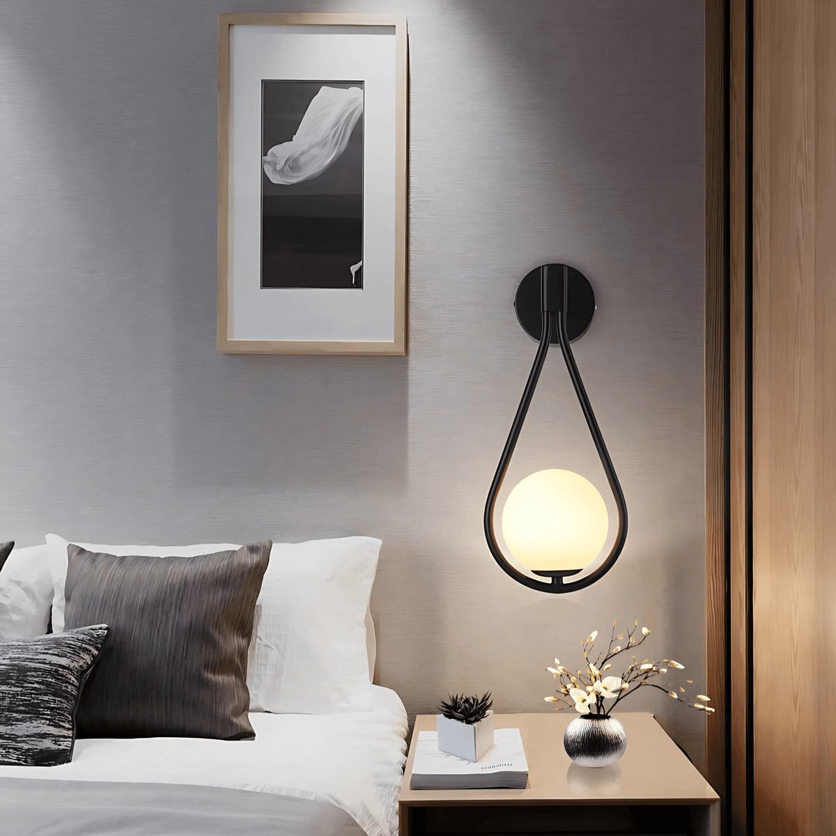 Modern Droplet Teardrop Wall Light – Frosted Glass Globe with Brushed Brass or Black Frame, Contemporary Accent Sconce