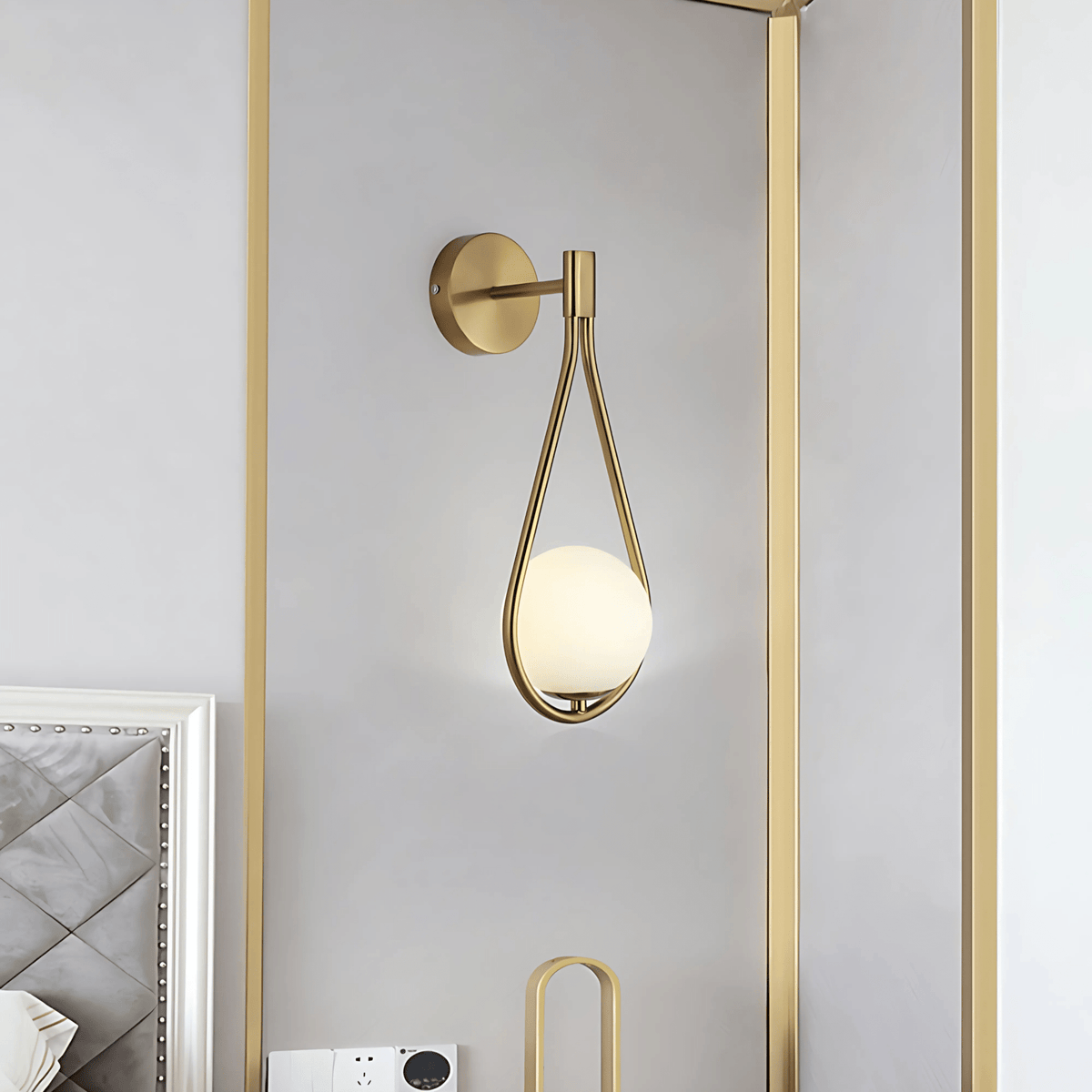 Modern Droplet Teardrop Wall Light – Frosted Glass Globe with Brushed Brass or Black Frame, Contemporary Accent Sconce