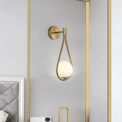 Modern Droplet Teardrop Wall Light – Frosted Glass Globe with Brushed Brass or Black Frame, Contemporary Accent Sconce