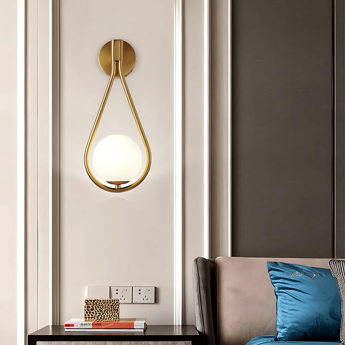 Modern Droplet Teardrop Wall Light – Frosted Glass Globe with Brushed Brass or Black Frame, Contemporary Accent Sconce