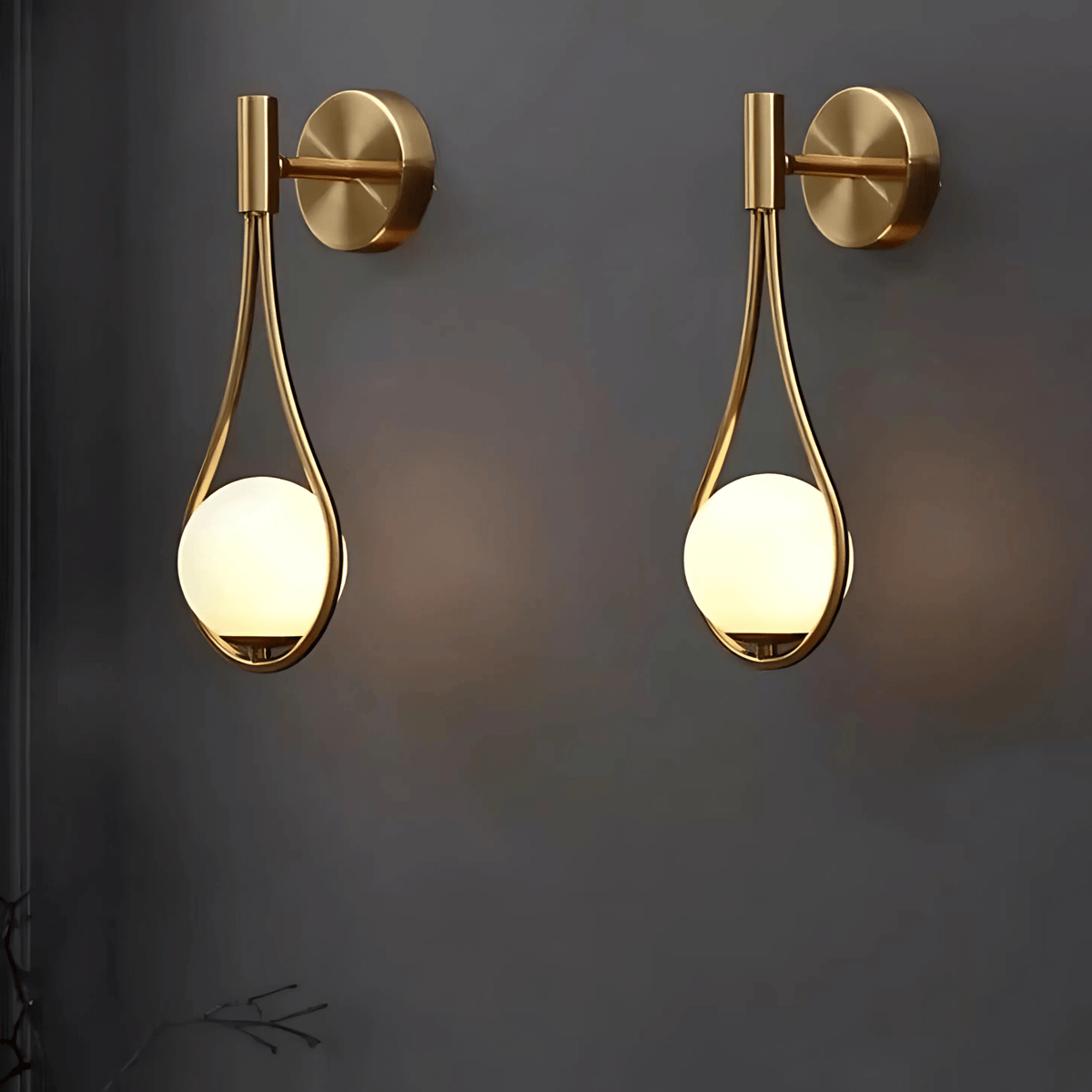 Modern Droplet Teardrop Wall Light – Frosted Glass Globe with Brushed Brass or Black Frame, Contemporary Accent Sconce