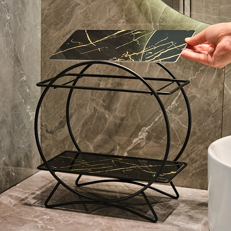 2-Tier Bathroom Organizer with Cat-Ear Base – Metal & Marble-Look Cosmetic, Perfume and Skincare Storage Shelf for Vanity