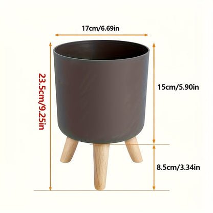 Modern Round Planter with Detachable Wooden Legs – Mid-Century Indoor & Outdoor Plant Pot in Black or White, 3 Sizes