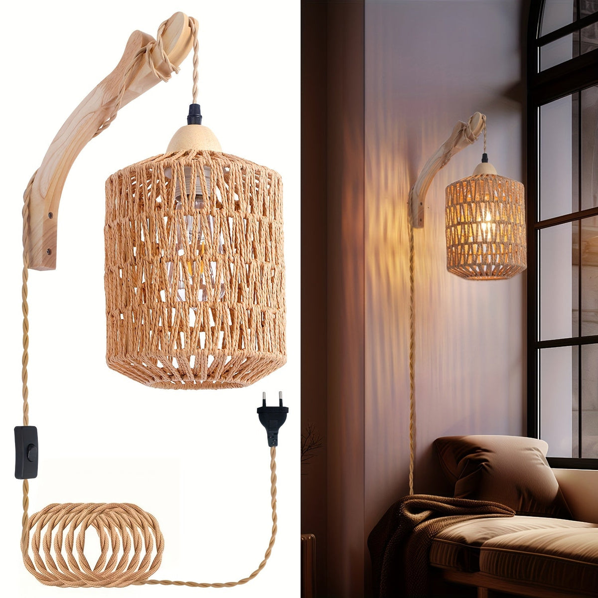 Boho Wood & Rattan Plug-In Wall Lamp – Handwoven Wall Sconce with 280 cm Cord, No Hardwiring Needed, Rental-Friendly