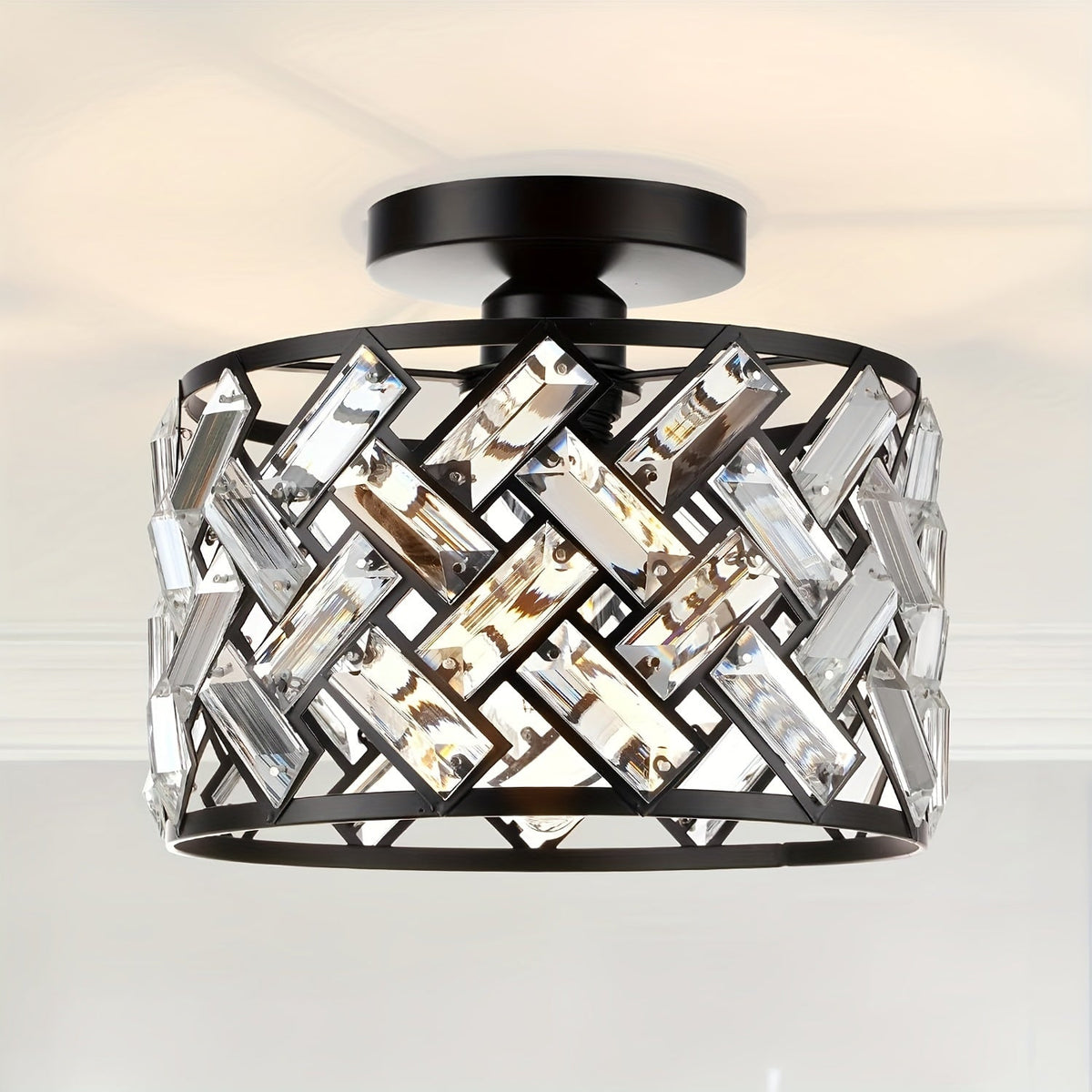 Modern Crystal Semi-Flush Mount Ceiling Light – Black Lattice Frame Chandelier with Clear Crystals for Bedroom & Dining