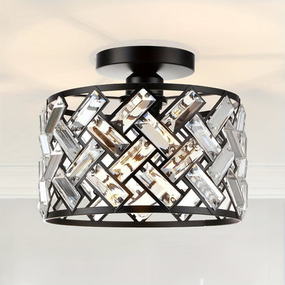 Modern Crystal Semi-Flush Mount Ceiling Light – Black Lattice Frame Chandelier with Clear Crystals for Bedroom & Dining