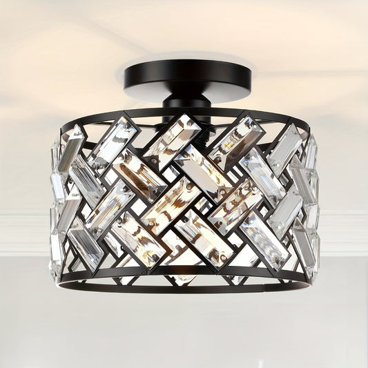 Modern Crystal Semi-Flush Mount Ceiling Light – Black Lattice Frame Chandelier with Clear Crystals for Bedroom & Dining