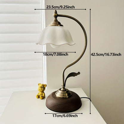 Vintage Gooseneck Table Lamp – Antique Brass USB Bedside Light with Floral Glass Shade, Classic Reading Lamp