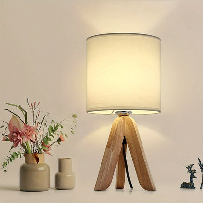 Nordic Wooden Tripod Table Lamp – Solid Wood Base with Linen Fabric Shade, Cozy Scandinavian Bedside & Living Room Lamp