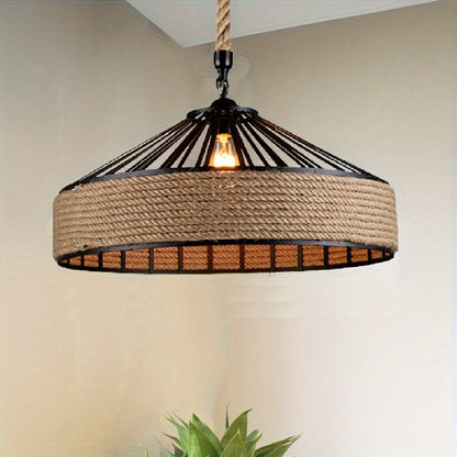Rustic Hand-Woven Hemp Rope Pendant Light – Vintage Farmhouse Ceiling Lamp with Metal Frame & Adjustable Cord