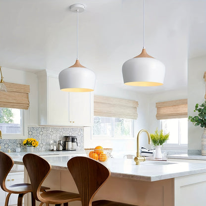 Modern Scandinavian Iron & Wood Grain Pendant Light – Matte Metal Dome Hanging Lamp for Kitchen Island, Dining & Living Room