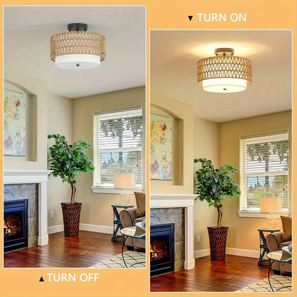 Boho Rattan Ceiling Light with Linen Diffuser – Coastal Semi-Flush Mount Fixture for Bedroom, Dining & Living Room