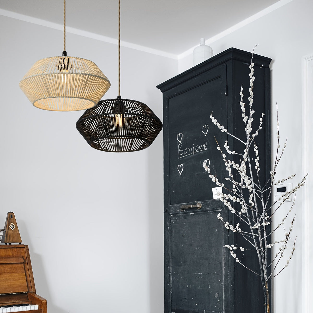 Handwoven Paper Rope Geometric Pendant Light Shade – 32 cm Modern Organic Woven Lampshade in Brown, White or Black