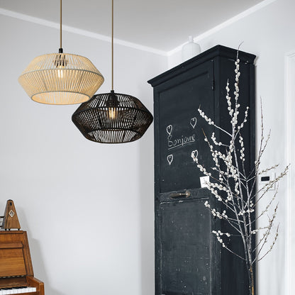 Handwoven Paper Rope Geometric Pendant Light Shade – 32 cm Modern Organic Woven Lampshade in Brown, White or Black