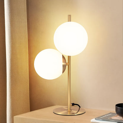 Modern Golden Table Lamp with Frosted White Glass Globe – Single or Double Globe Bedside & Desk Lamp, Polished Brass Finish