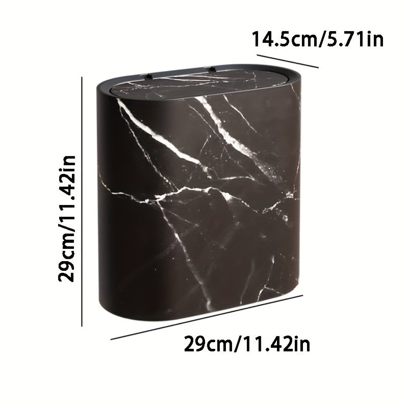 Marble Pattern Lidded Trash Can – Compact Oval Bathroom & Kitchen Waste Bin, 29 x 29 x 14.5 cm, Easy-Clean Plastic