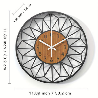 Modern Black Metal & Wood-Grain Wall Clock – Silent Non-Ticking Round Clock in 30, 34 or 40 cm for Living Room & Office