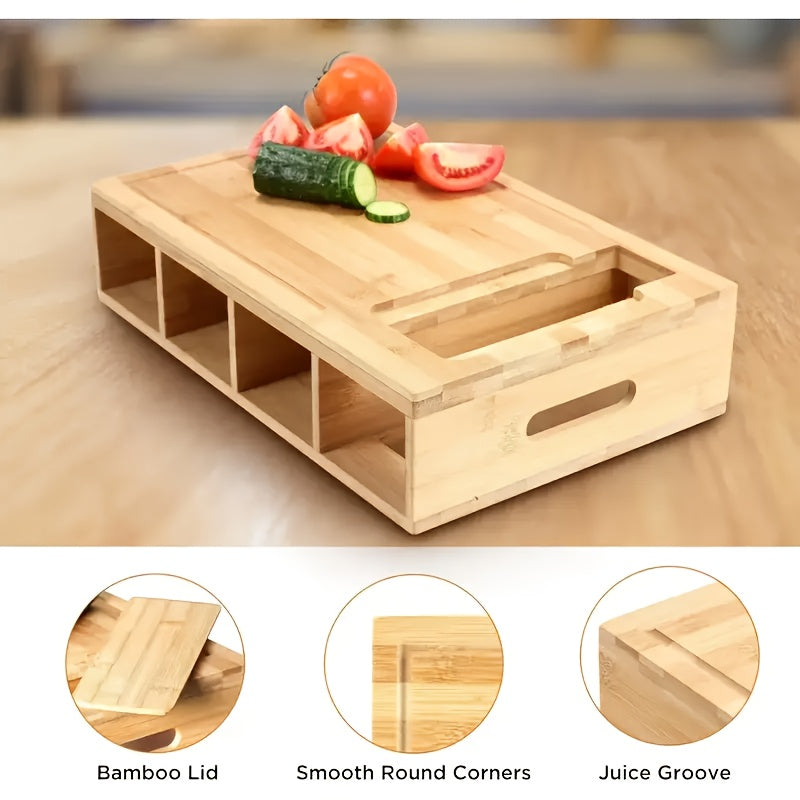Bamboo Cutting Board with Built-In Storage Trays & Graters – Multifunctional Kitchen Prep Station with 4 Interchangeable Blades