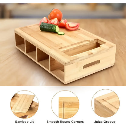 Bamboo Cutting Board with Built-In Storage Trays & Graters – Multifunctional Kitchen Prep Station with 4 Interchangeable Blades