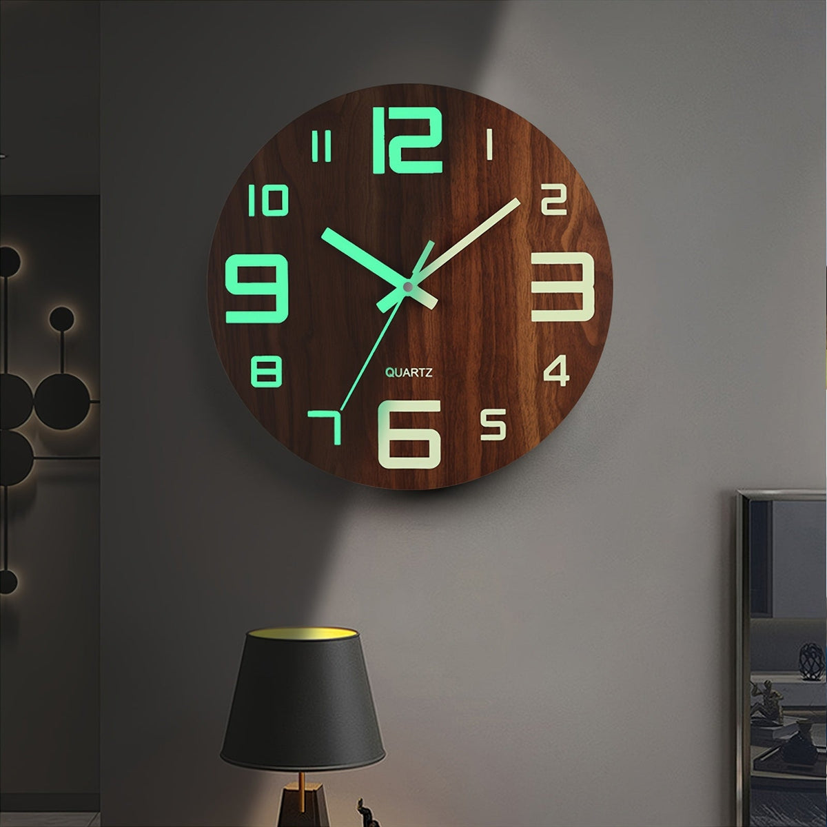 Walnut Luminous Wall Clock – Silent Glow-in-the-Dark Wooden Clock, 12 Inch Night Readable Clock for Bedroom & Living Room