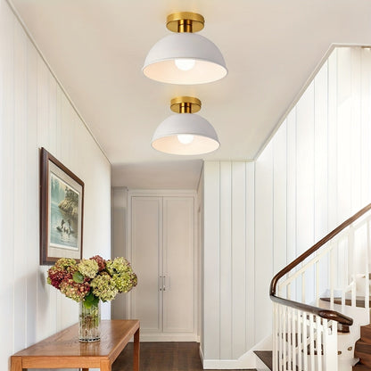 Compact Modern Semi-Flush Ceiling Lamp – Matte Metal Dome with Brass-Tone Details, 20 x 16 cm for Low Ceilings & Hallways