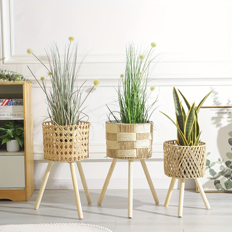Boho Handwoven Bamboo Flower Stand – Rattan Planter Basket with Wooden Legs for Indoor Plants, 3 Sizes