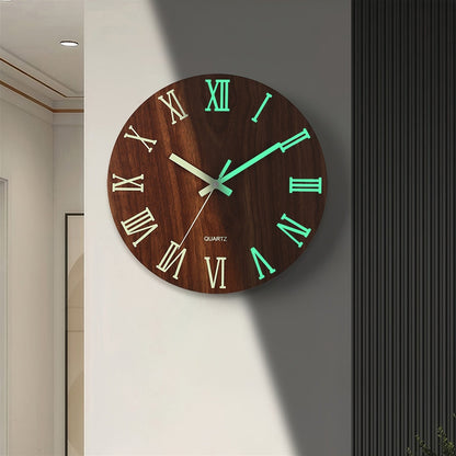 Walnut Luminous Wall Clock – Silent Glow-in-the-Dark Wooden Clock, 12 Inch Night Readable Clock for Bedroom & Living Room