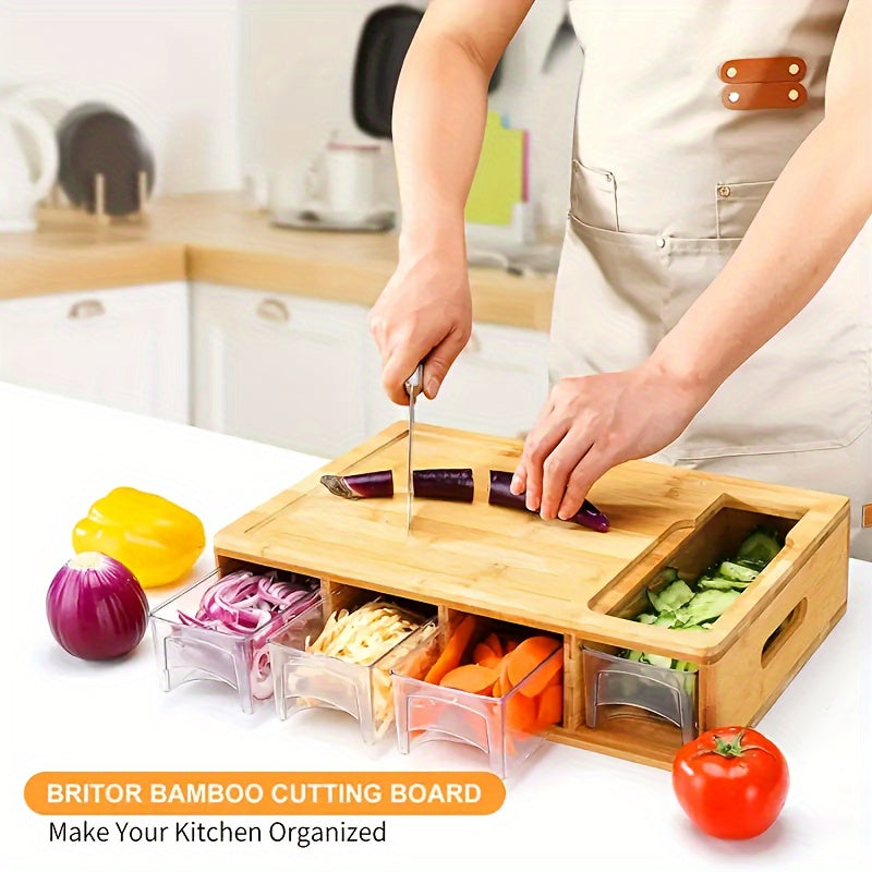 Bamboo Cutting Board with Built-In Storage Trays & Graters – Multifunctional Kitchen Prep Station with 4 Interchangeable Blades