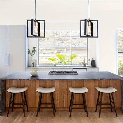 Modern Minimalist Geometric Industrial Pendant Light – Metal or Wood Frame Hanging Lamp for Kitchen Island, Dining & Cafe