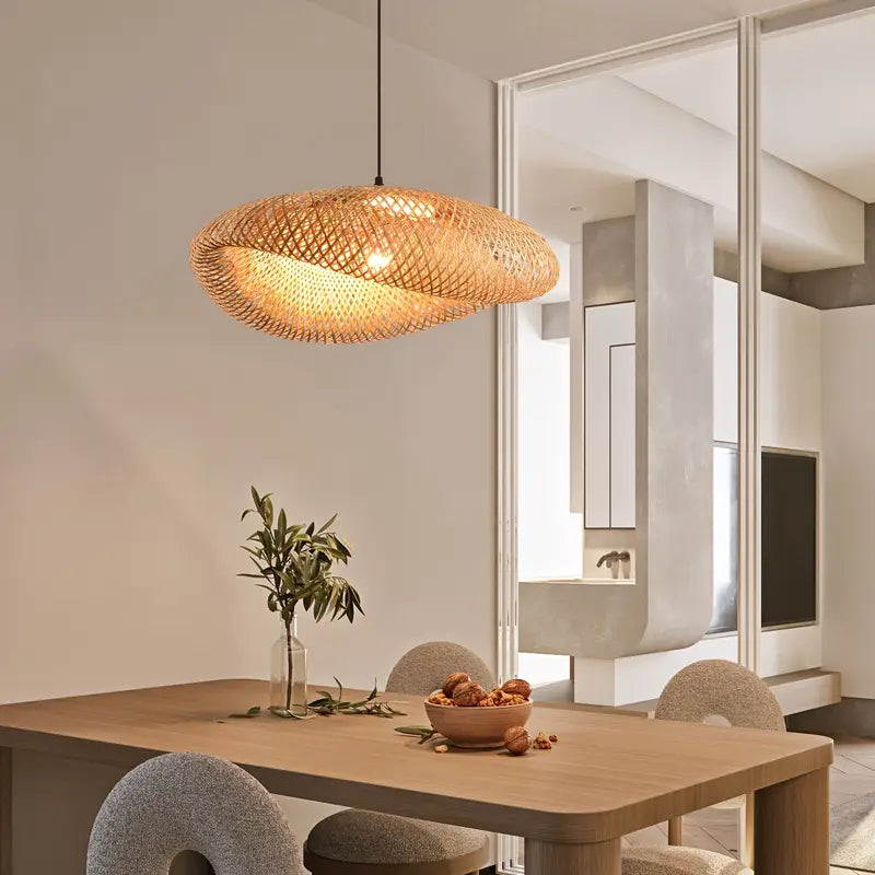 BambooBoho Large Handwoven Rattan Pendant Lampshade – 24 Inch Natural Woven Bamboo Hanging Light for Dining & Kitchen Island