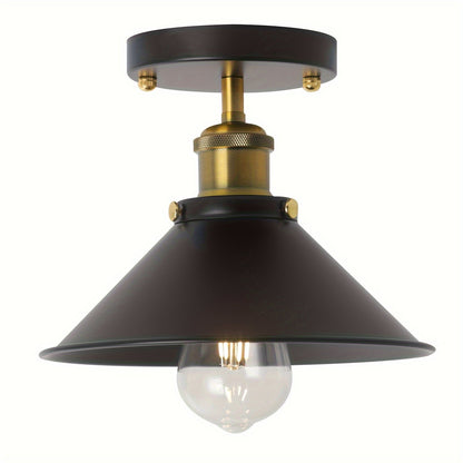 Industrial Black Semi-Flush Mount Ceiling Light – Vintage Matte Metal Fixture with Brass Details for Dining, Hallway & Cafe
