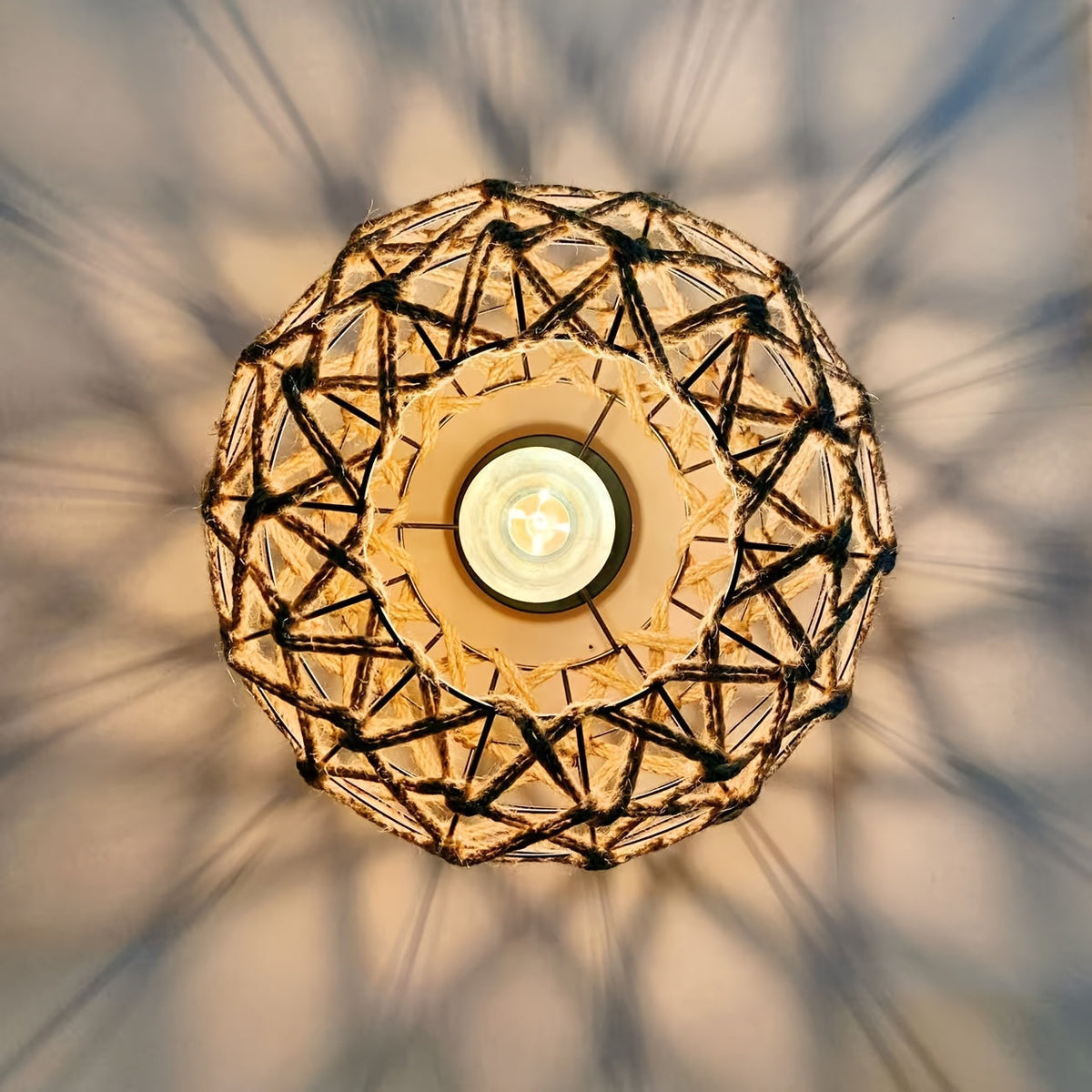 Bohemian Handwoven Hemp Rope Ceiling Light – Rustic Flush Mount Fixture with Patterned Shadows for Bedroom & Living Room