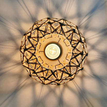 Bohemian Handwoven Hemp Rope Ceiling Light – Rustic Flush Mount Fixture with Patterned Shadows for Bedroom & Living Room
