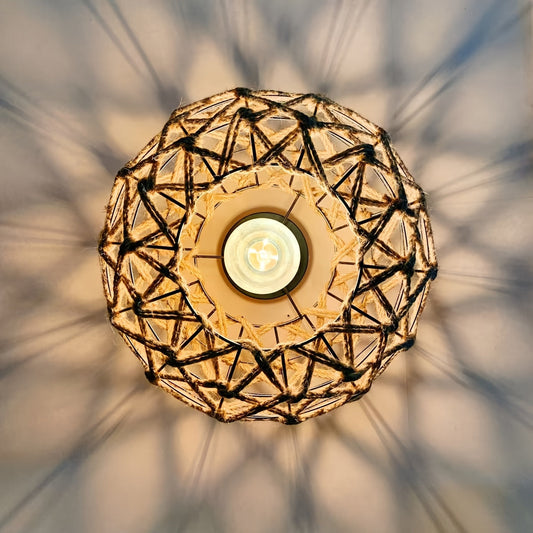 Bohemian Handwoven Hemp Rope Ceiling Light – Rustic Flush Mount Fixture with Patterned Shadows for Bedroom & Living Room