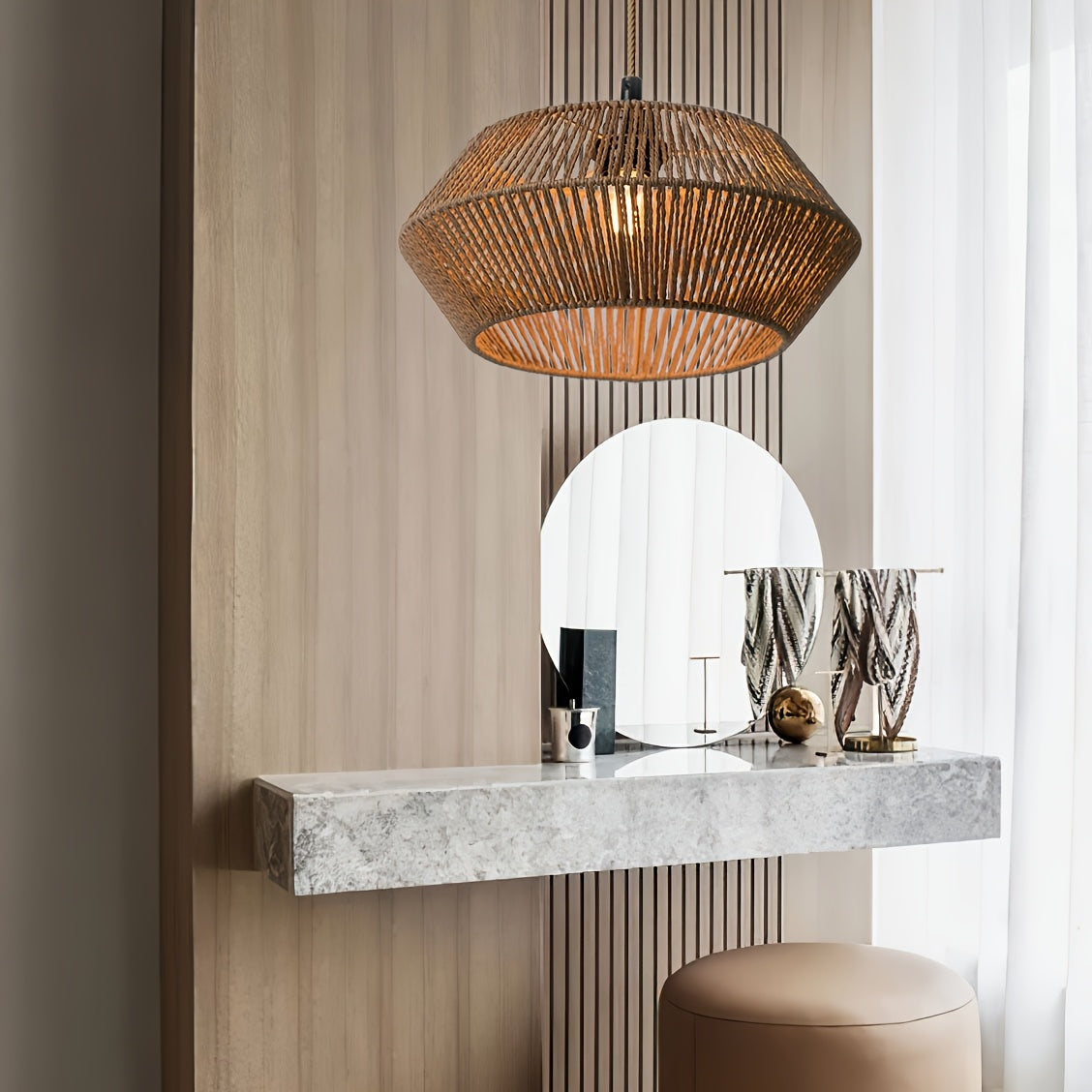 Handwoven Paper Rope Geometric Pendant Light Shade – 32 cm Modern Organic Woven Lampshade in Brown, White or Black