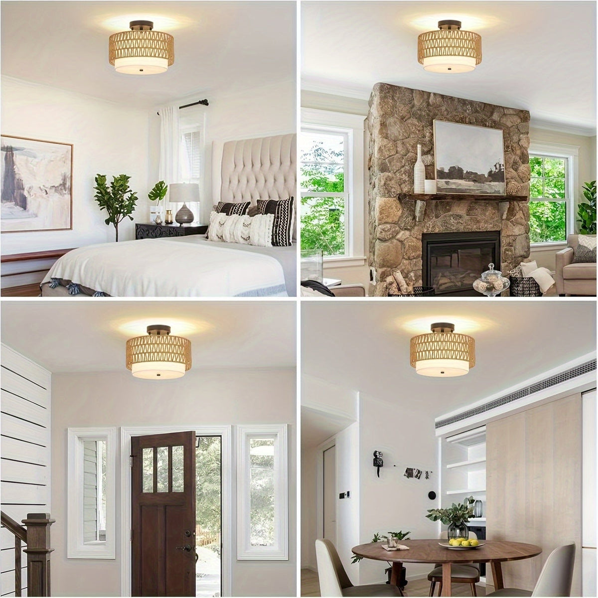 Boho Rattan Ceiling Light with Linen Diffuser – Coastal Semi-Flush Mount Fixture for Bedroom, Dining & Living Room