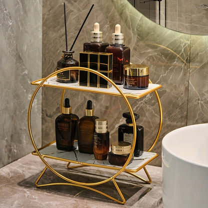 2-Tier Bathroom Organizer with Cat-Ear Base – Metal & Marble-Look Cosmetic, Perfume and Skincare Storage Shelf for Vanity