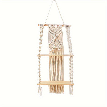Boho Macrame Hanging Wall Shelf – 2-Tier Handwoven Cotton Rope & Wood Organizer for Plants, Books & Decor