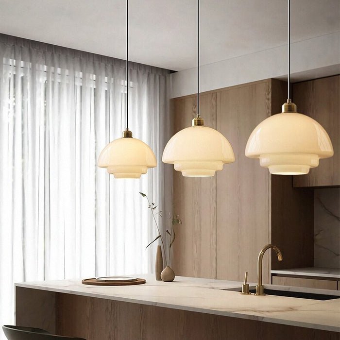 Mid-Century White Glass Pendant Light – Modern Dome Hanging Lamp with Brass Accents for Kitchen & Dining