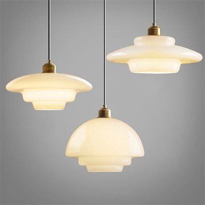Mid-Century White Glass Pendant Light – Modern Dome Hanging Lamp with Brass Accents for Kitchen & Dining