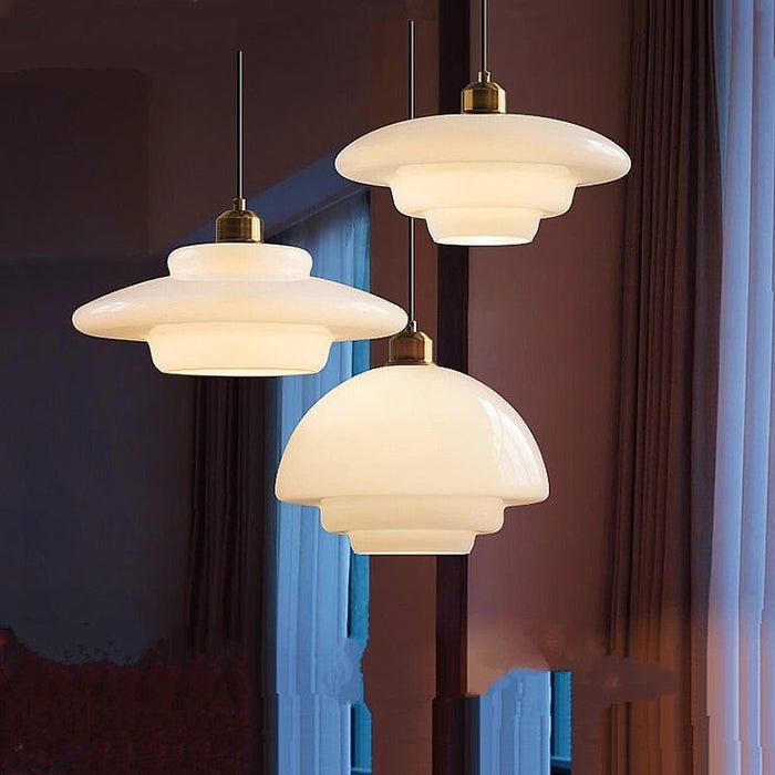 Mid-Century White Glass Pendant Light – Modern Dome Hanging Lamp with Brass Accents for Kitchen & Dining