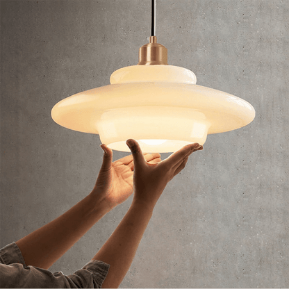 Mid-Century White Glass Pendant Light – Modern Dome Hanging Lamp with Brass Accents for Kitchen & Dining