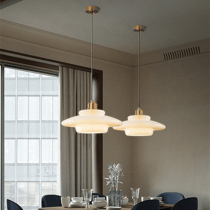 Mid-Century White Glass Pendant Light – Modern Dome Hanging Lamp with Brass Accents for Kitchen & Dining