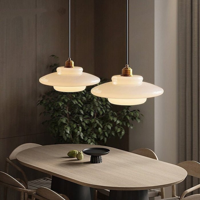 Mid-Century White Glass Pendant Light – Modern Dome Hanging Lamp with Brass Accents for Kitchen & Dining