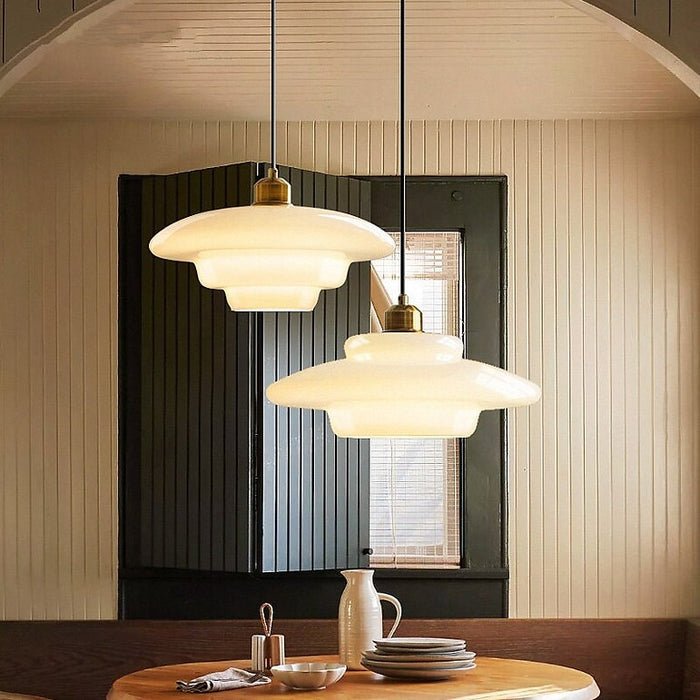 Mid-Century White Glass Pendant Light – Modern Dome Hanging Lamp with Brass Accents for Kitchen & Dining